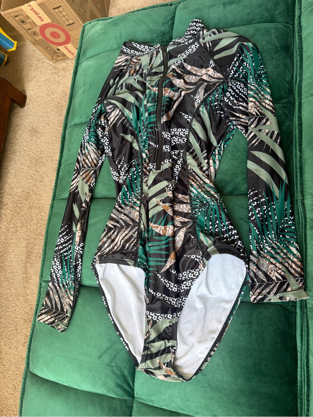 Long Sleeve One-Piece Swimsuit in Green Palm Print
